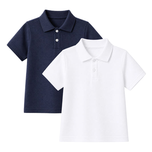 HILEELANG 5-14 Years Boys Polo Shirts 2 Pack, White and Navy Short Sleeve School Uniform Shirts for Kids, Cotton Blend Collared Polo for Boys