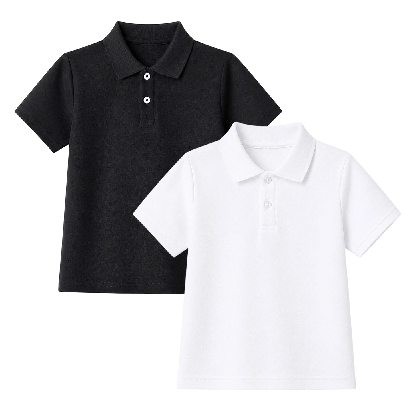 HILEELANG 5-14 Years Boys Polo Shirts 2 Pack, White and Black Short Sleeve Collared Shirts for Kids, Cotton Blend School Uniform Polo for Boys