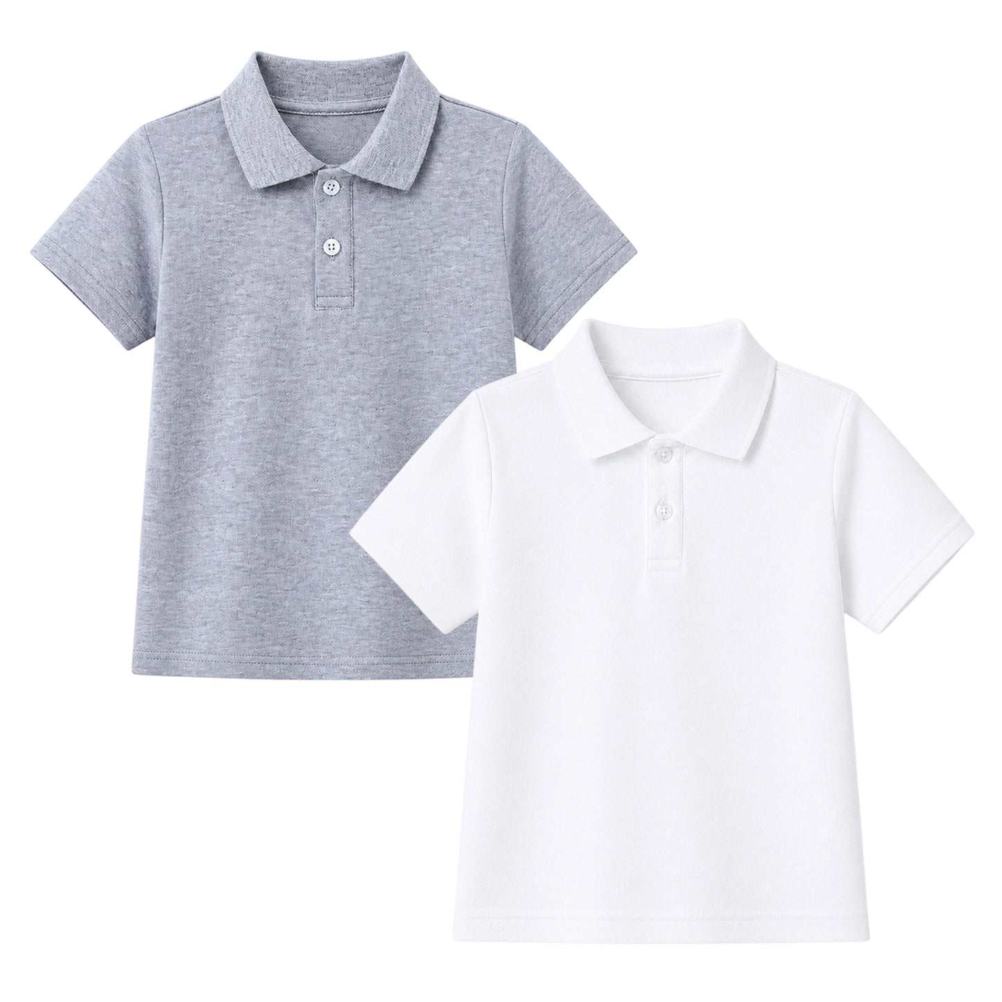 HILEELANG 5-14 Years Boys Polo Shirts 2 Pack, School Uniform Short Sleeve Shirts for Kids, Cotton Blend Casual Polo Tops for Boys,White and Heather Gray