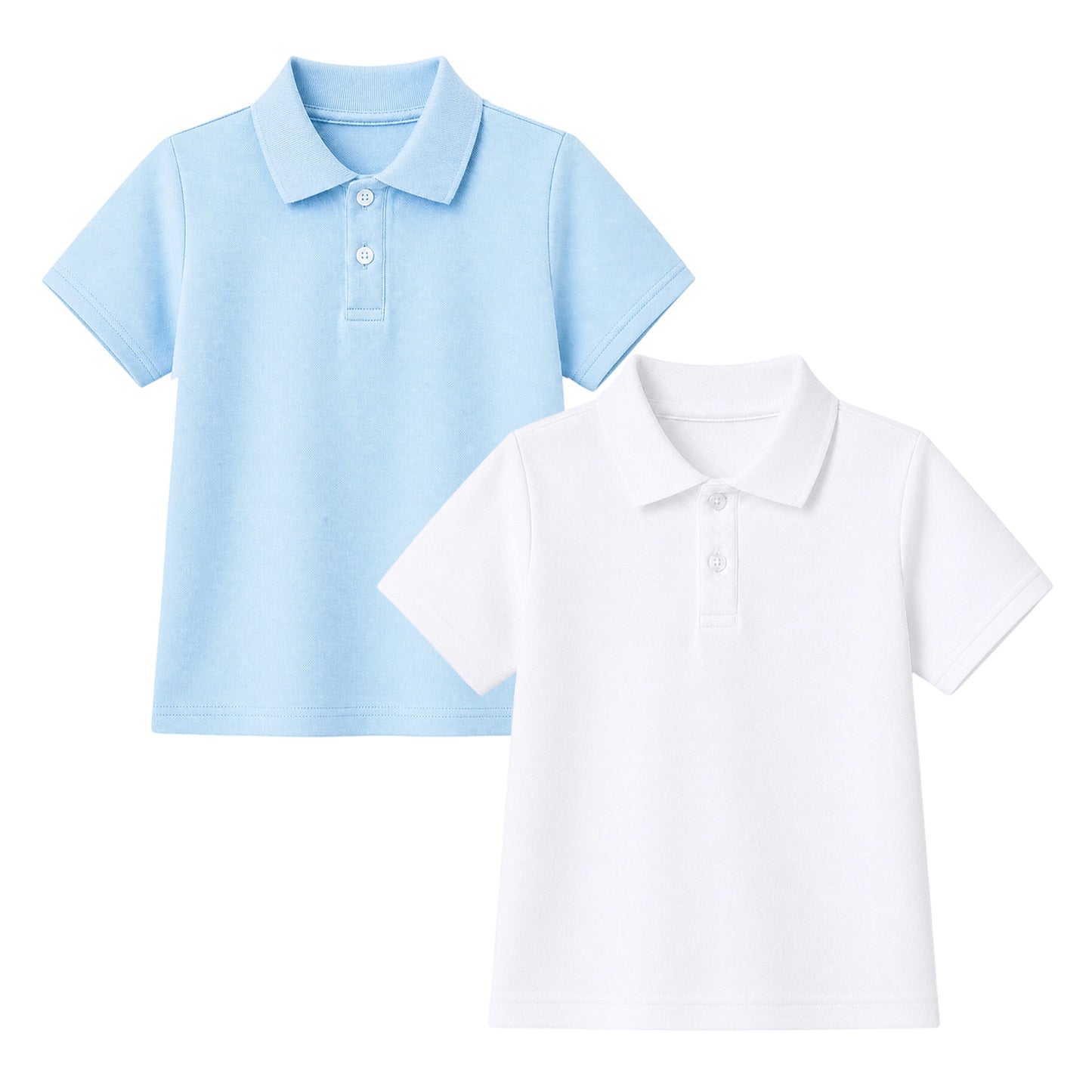 HILEELANG 5-14 Years Boys Polo Shirts 2 Pack, School Uniform Short Sleeve Shirts for Kids, Cotton Blend Breathable Casual Tops for Boys, White and Light Blue