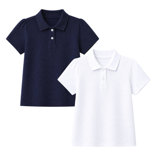 HILEELANG 2-Pack Little/Big Girls' Short Sleeve Pique Polo Shirts, Uniform Tops for Kids 4-13T, White & Navy Blue