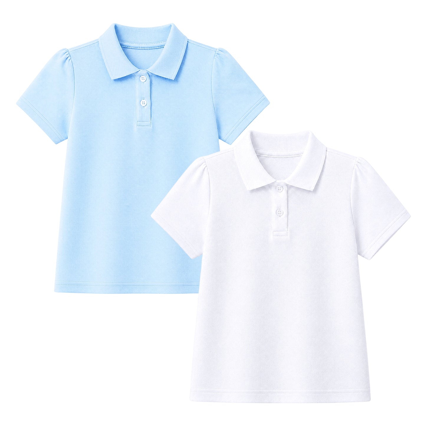 HILEELANG 2-Pack Little/Big Girls' Short Sleeve Pique Polo Shirts, School Uniform Tops for Kids 4-13T, White & Light Blue