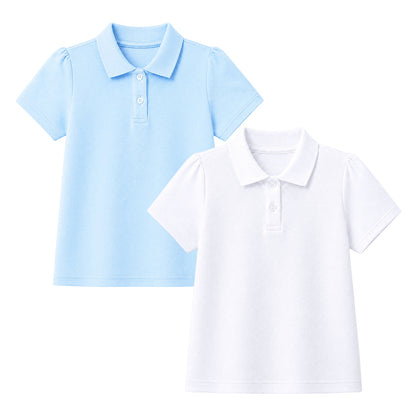 HILEELANG 2-Pack Little/Big Girls' Short Sleeve Pique Polo Shirts, School Uniform Tops for Kids 4-13T, White & Light Blue