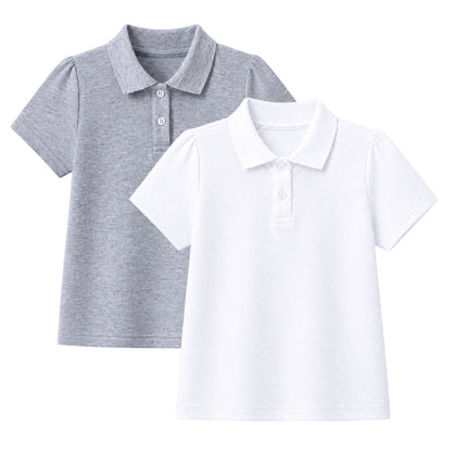 HILEELANG 2-Pack Little/Big Girls' Short Sleeve Pique Polo Shirts, School Uniform Tops for Kids 4-13T, White & Heather Gray