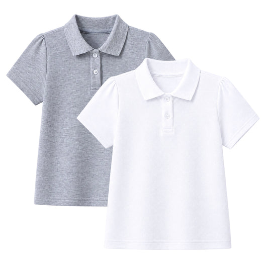 HILEELANG 2-Pack Little/Big Girls' Short Sleeve Pique Polo Shirts, School Uniform Tops for Kids 4-13T, White & Heather Gray