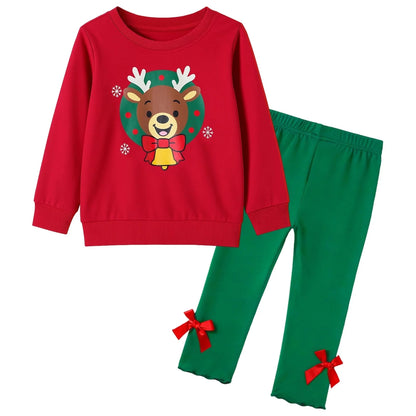 HILEELANG Toddler Girls Christmas Pants Set Light Red Elk Sweatshirt And Green Leggings Winter Playwear Outfits Clothing Sets