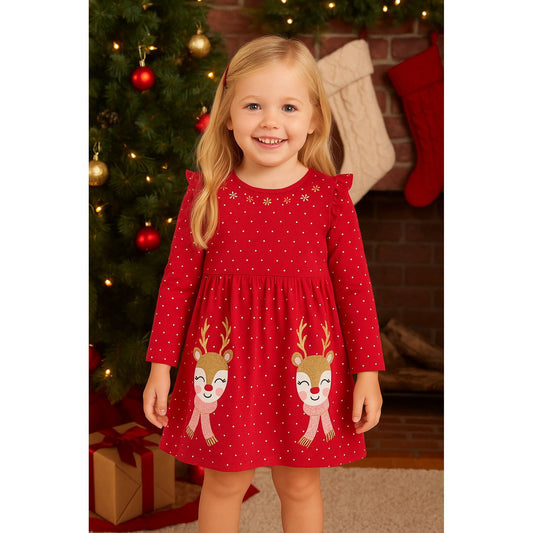 HILEELANG Girls’ Christmas Dress Long Sleeve Holiday Outfit with Reindeer Print, Red Ruffle Party Dress for Toddlers & Little Girls