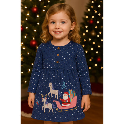 HILEELANG Girls Christmas Dress Long Sleeve Holiday Outfit with Santa Sleigh and Unicorn Applique-Winter Casual Cotton Dresses for Toddler Kids