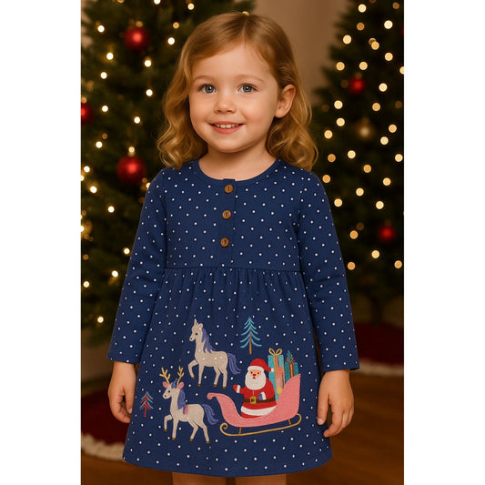 HILEELANG Girls Christmas Dress Long Sleeve Holiday Outfit with Santa Sleigh and Unicorn Applique-Winter Casual Cotton Dresses for Toddler Kids