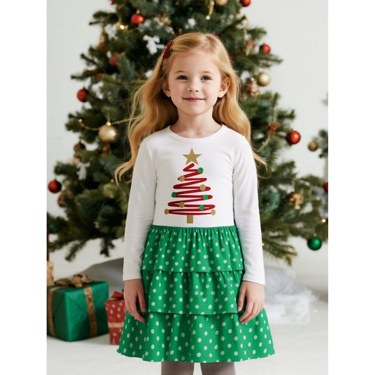 HILEELANG Girls Christmas Dress White Long Sleeve, Toddler and Little Kids Holiday Outfit with and Christmas Tree Print, Festive Cotton Dress