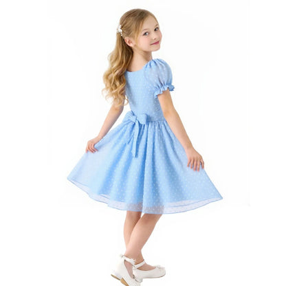 HILEELANG Girls Light Blue Swiss Dot Puff Sleeve Polyester Dress 4-5Y Little Girls
