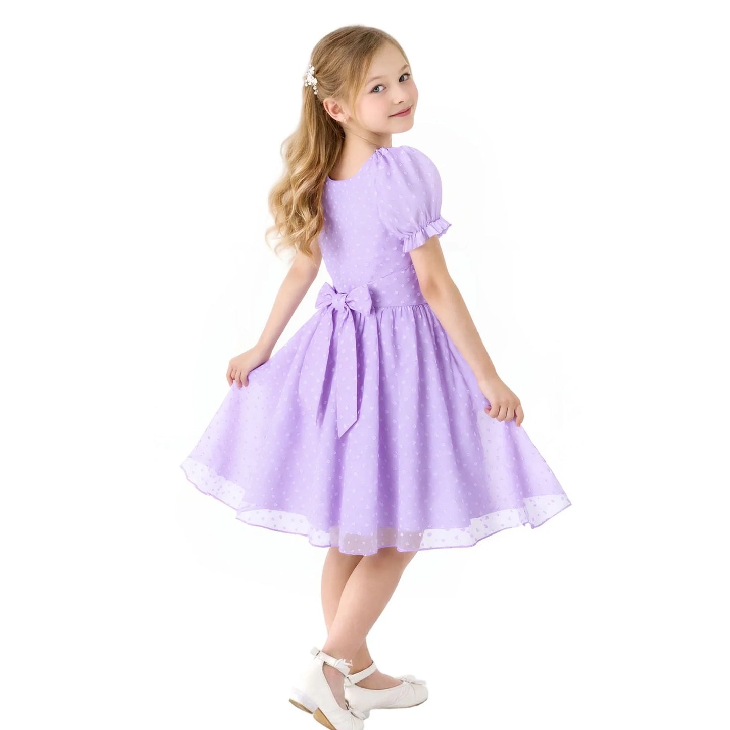 HILEELANG Girls Lavender Swiss Dot Puff Sleeve Polyester Dress 4-5Y Little Girls
