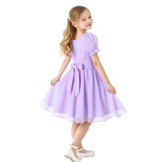 HILEELANG Girls Lavender Swiss Dot Puff Sleeve Polyester Dress 4-5Y Little Girls