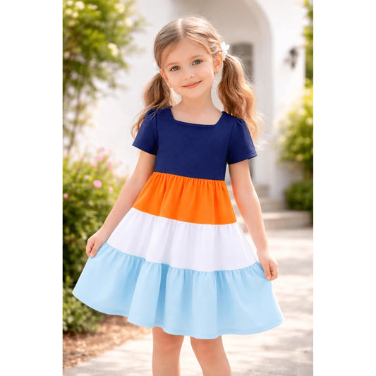 HILEELANG Toddler Girls 2-8T 100% Cotton Tiered Colorblock Dress Navy Colorblock Short Sleeve Casual Dress