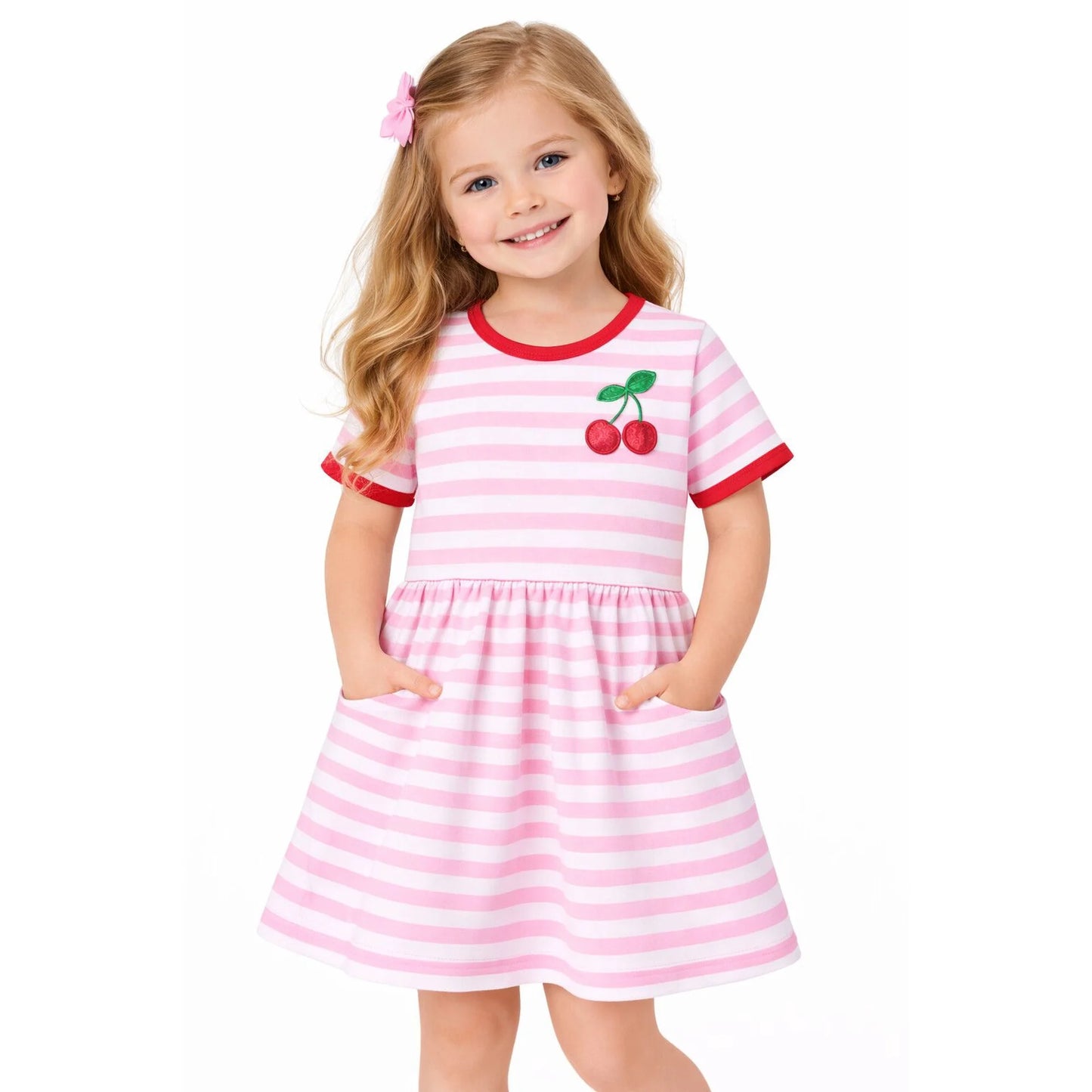 HILEELANG 2-8 Toddler Girls Pink White Stripe Cherry Summer Play Dress