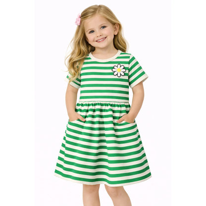 HILEELANG 2-8 Toddler Girls Green White Stripe Bunny Summer Play Dress