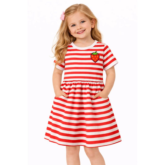 HILEELANG 2-8 Toddler Girls Red White Stripe Strawberry Summer Play Dress