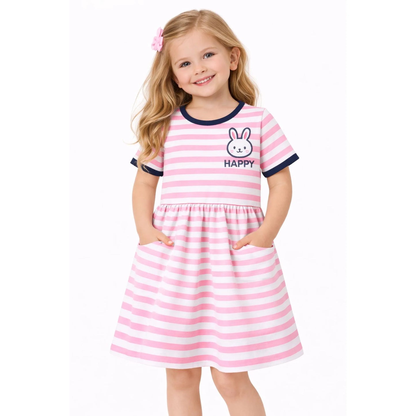 HILEELANG 2-8 Toddler Girls Pink White Stripe Bunny Summer Play Dress