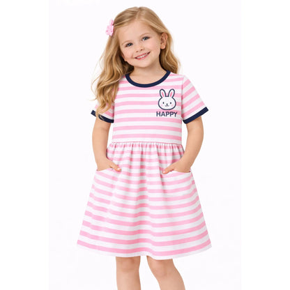 HILEELANG 2-8 Toddler Girls Pink White Stripe Bunny Summer Play Dress