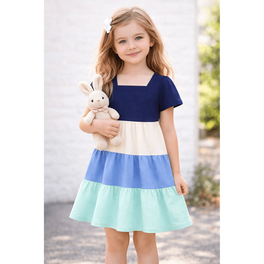 HILEELANG Toddler Girls 2-8T 100% Cotton Tiered Dress Navy Colorblock Short Sleeve Casual Dress
