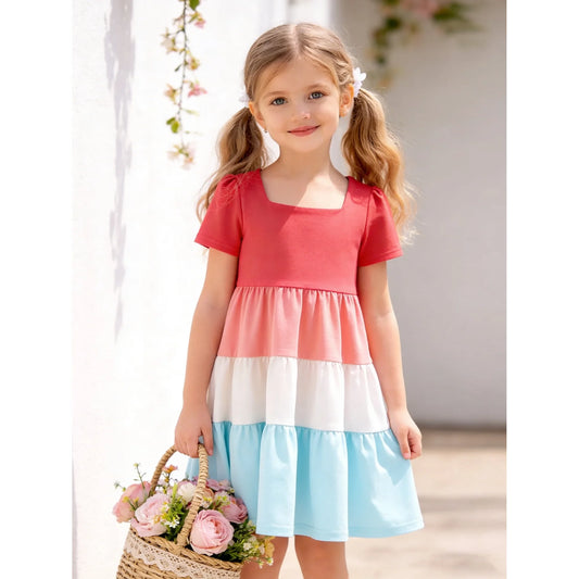 HILEELANG Toddler Girls 2-8T 100% Cotton Colorblock Tiered Dress Pink Colorblock Short Sleeve Casual Dress