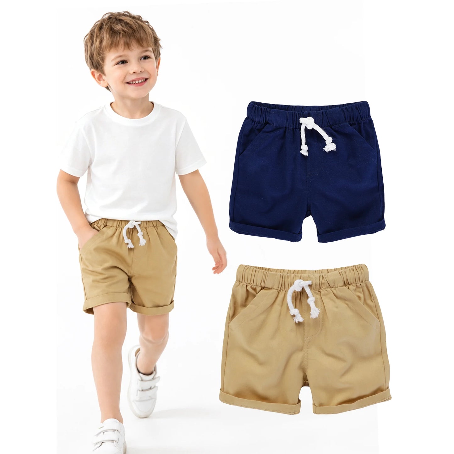 HILEELANG Toddler Boys' Elastic Waist Drawstring Cotton Shorts, 2-Pack, Khaki and Navy Blue