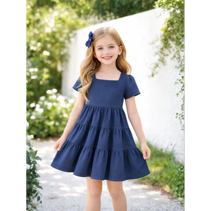 HILEELANG Toddler Girls 2-8T 100% Cotton Tiered Dress Solid Navy Short Sleeve Casual Dress