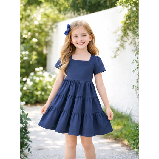 HILEELANG Toddler Girls 2-8T 100% Cotton Tiered Dress Solid Navy Short Sleeve Casual Dress