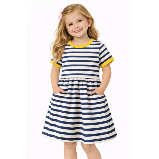 HILEELANG 2-8 Toddler Girls Navy White Stripe Yellow Trim Summer Play Dress