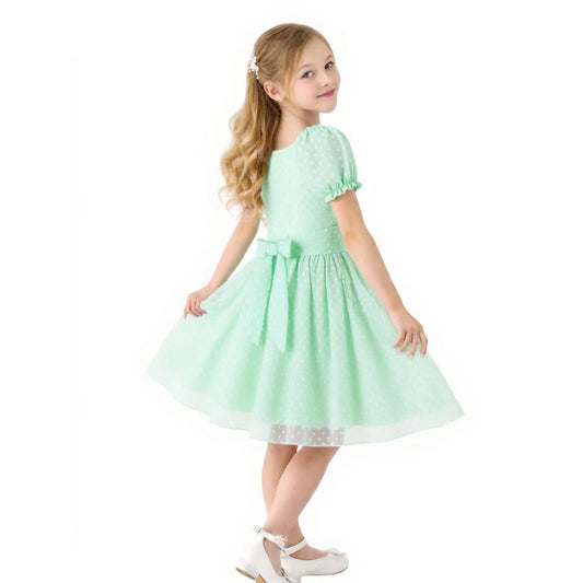 HILEELANG Girls Light Blue Swiss Dot Puff Sleeve Polyester Dress 4-5Y Little Girls