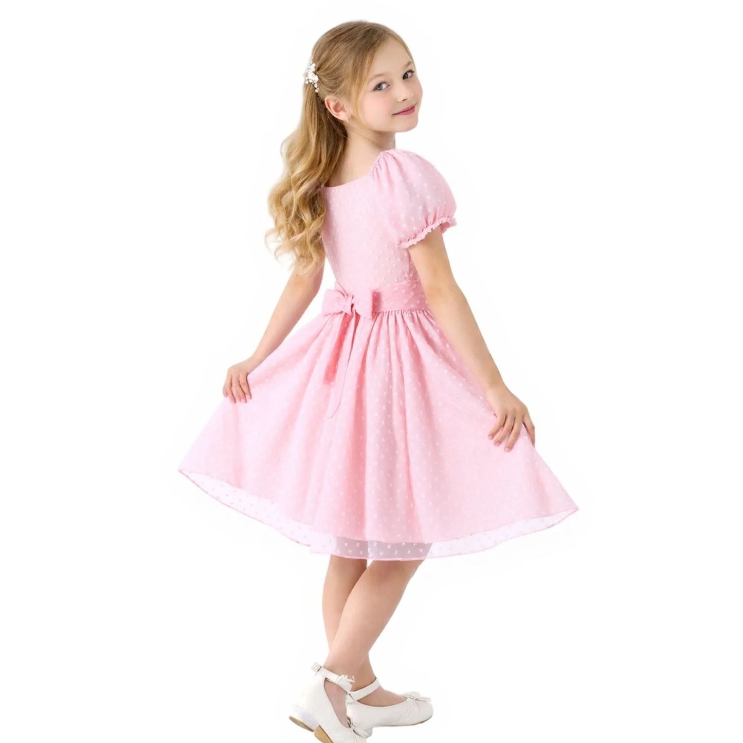 HILEELANG Girls Pink Swiss Dot Puff Sleeve Polyester Dress 4-5Y Little Girls