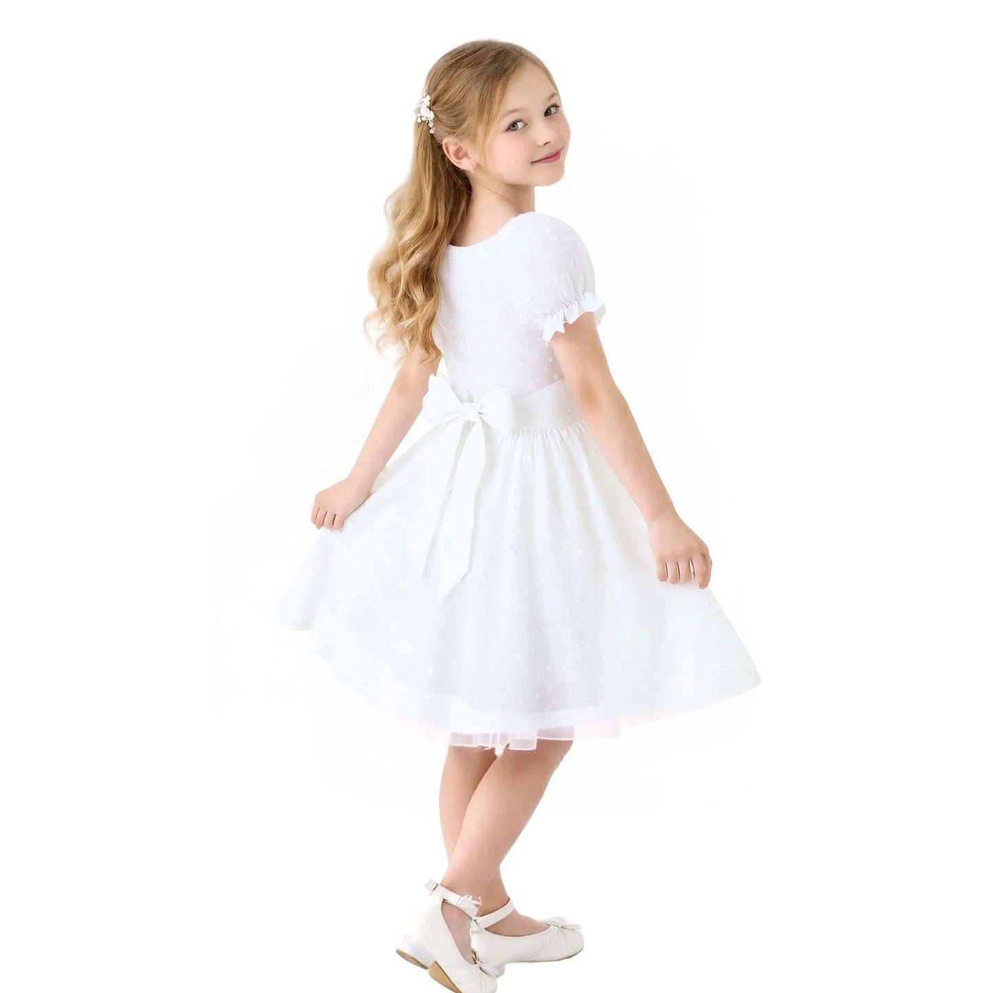 HILEELANG Girls White Swiss Dot Puff Sleeve Polyester Dress 4-5Y Little Girls
