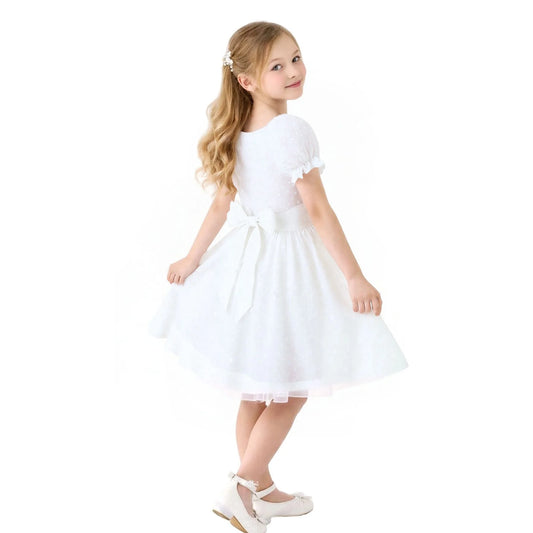 HILEELANG Girls White Swiss Dot Puff Sleeve Polyester Dress 4-5Y Little Girls