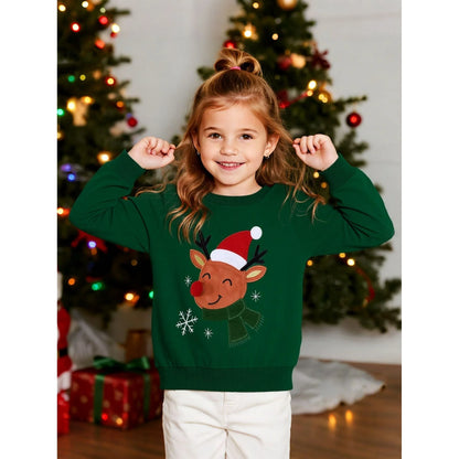 HILEELANG Kids Christmas Sweatshirt, Cotton Pullover Top with Reindeer Appliqué, Unisex Holiday Long Sleeve Shirt for Toddler Boys Girls