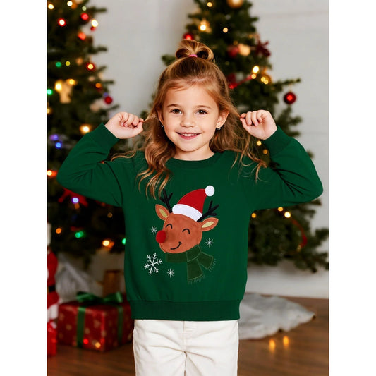 HILEELANG Kids Christmas Sweatshirt, Cotton Pullover Top with Reindeer Appliqué, Unisex Holiday Long Sleeve Shirt for Toddler Boys Girls