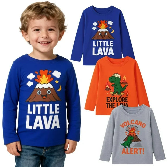 HILEELANG Toddler Boys（2Y-7Y) Shirt 3-Pack Dinosaurs Volcano Graphic Long-Sleeve Tees Winter Cotton Casual Crewneck T-Shirts