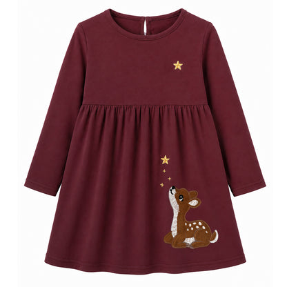 HILEELANG  Girls Deer Star A-Line Dress, Long Sleeve 2-7Y