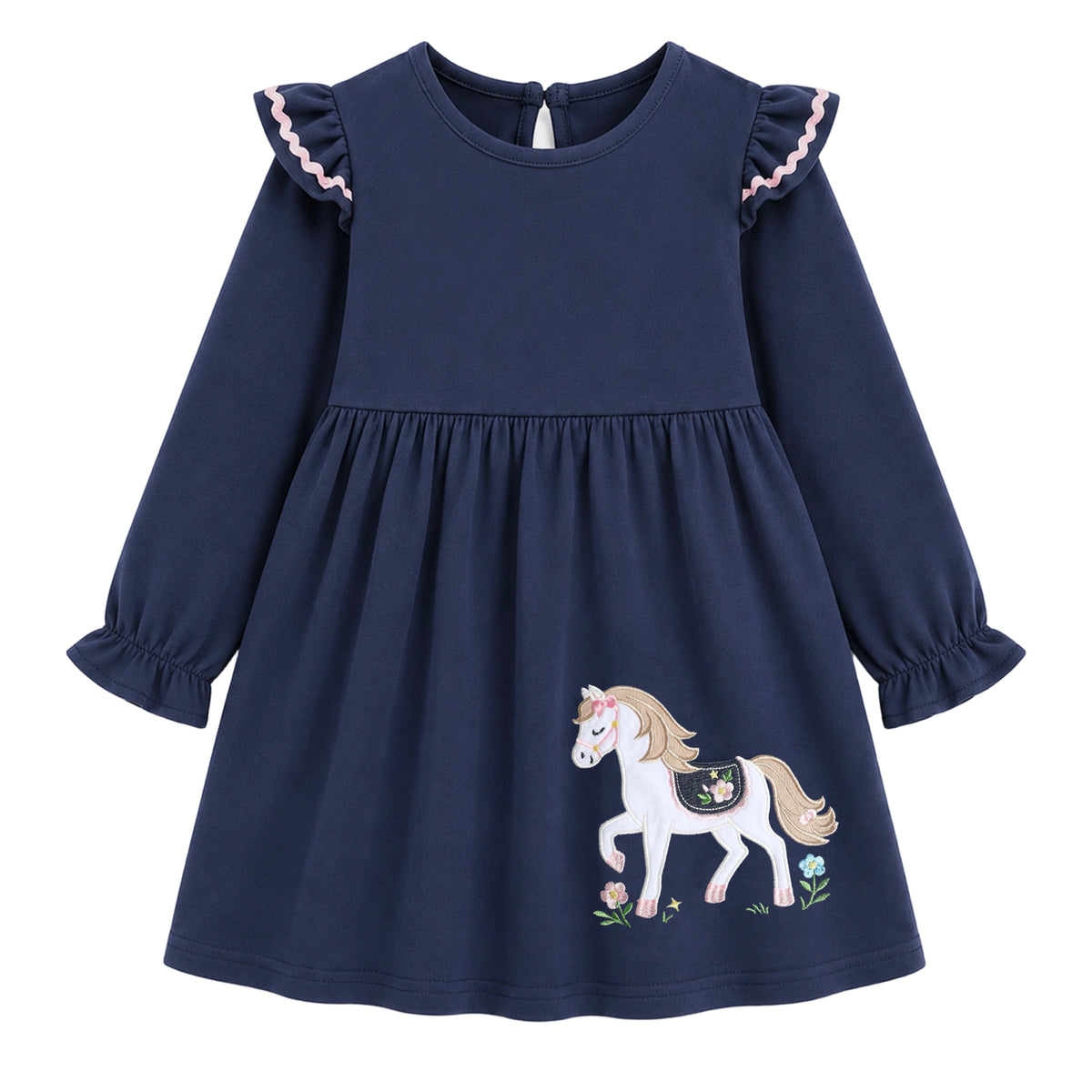 HILEELANG Toddler Horse Ruffle Shoulder Knit Dress, Single Piece