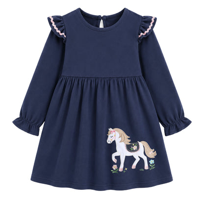 HILEELANG  Girls Horse Ruffle Shoulder Dress, Long Sleeve 2-7Y