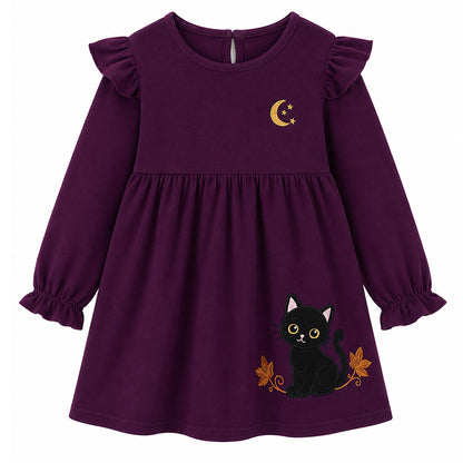 HILEELANG  Girls Black Cat Moon Dress, Long Sleeve 2-7Y