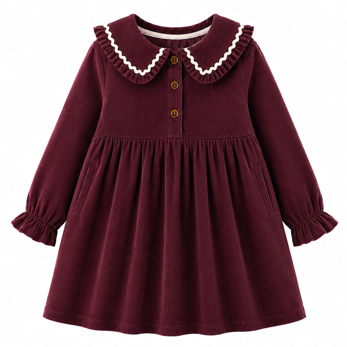 HILEELANG Toddler Girls 100% Cotton Long Sleeve Dress, Ruffle Peter Pan Collar Button Front Casual Dress, Burgundy Red