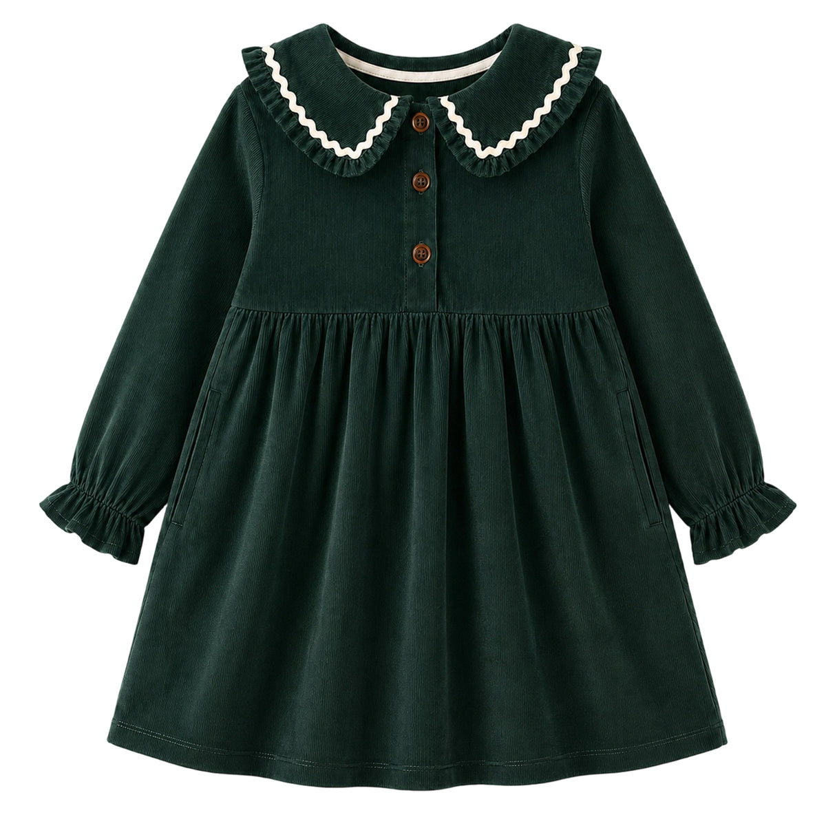HILEELANG Toddler Dark Green Wavy Collar Corduroy Dress, Single Piece