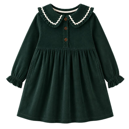HILEELANG Toddler Dark Green Wavy Collar Corduroy Dress, Single Piece