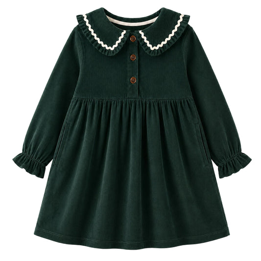 HILEELANG Toddler Dark Green Wavy Collar Corduroy Dress, Single Piece