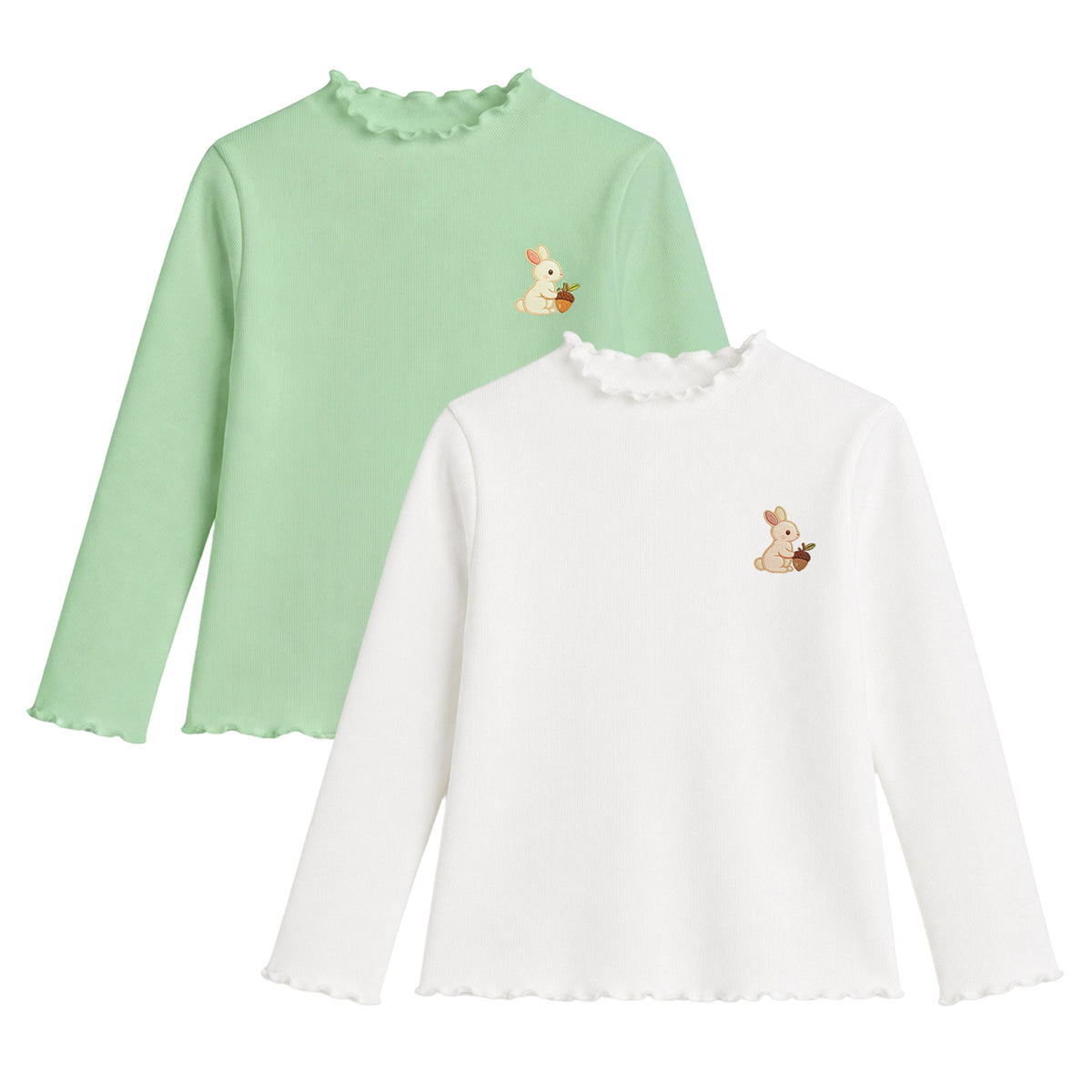 HILEELANG Toddler Girls Long Sleeve T-Shirts 2-Pack, Ruffle Trim Deer Embroidery, Ivory and Sage Green