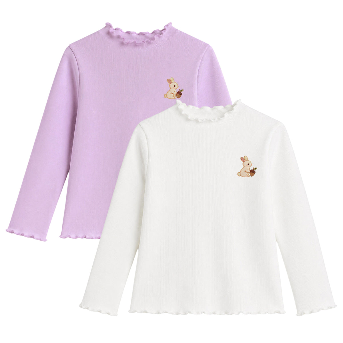 HILEELANG Toddler Girls Long Sleeve T-Shirts 2-Pack, Ruffle Trim Deer Embroidery, Ivory and Lavender