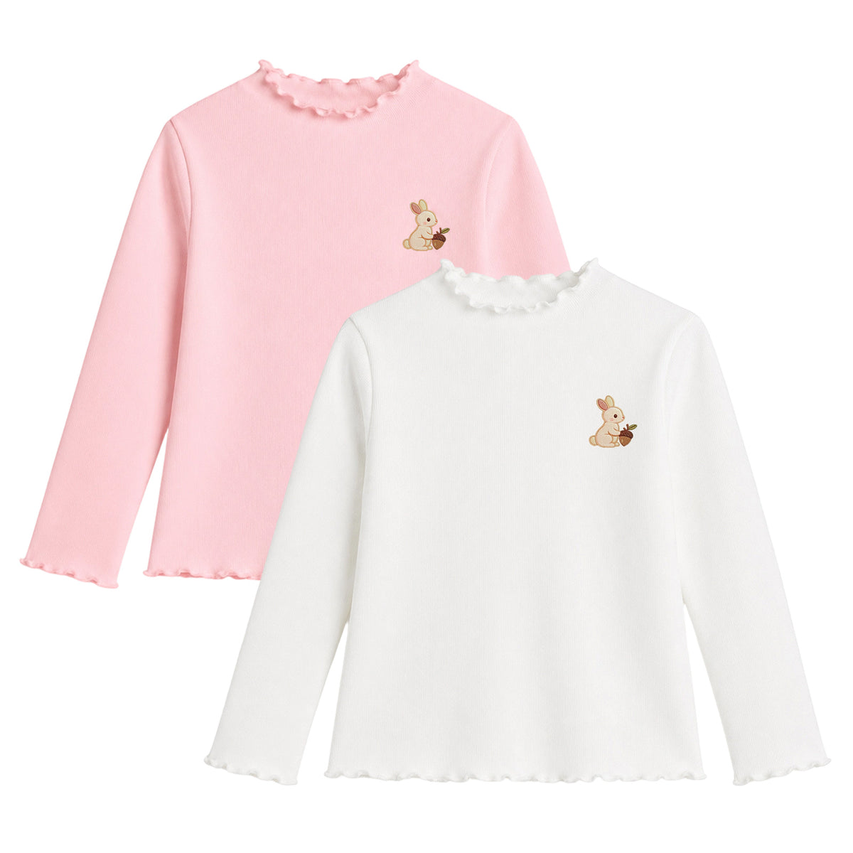 HILEELANG Toddler Girls Long Sleeve T-Shirts 2-Pack, Ruffle Trim Deer Embroidery, Ivory and Pink