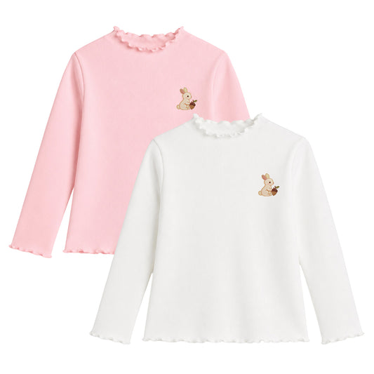 HILEELANG Toddler Girls Long Sleeve T-Shirts 2-Pack, Ruffle Trim Deer Embroidery, Ivory and Pink