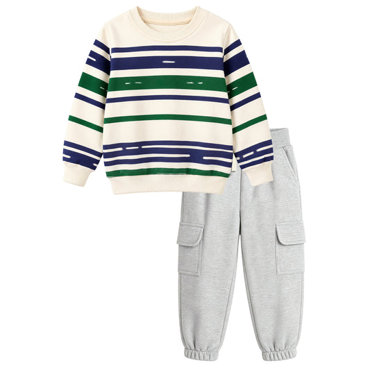 HILEELANG Little Boys Striped Crew 2 Piece Outfit Set, Sizes