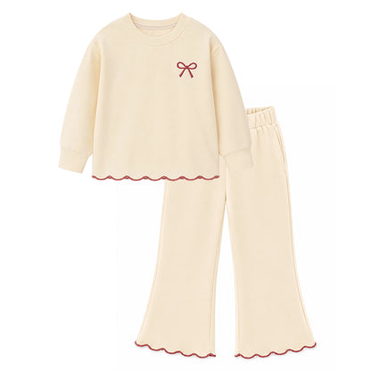HILEELANG Girls 2-Piece Outfit Set, Bow Embroidered Sweatshirt and Flare Pants with Scalloped Trim, Cream, Ages 3Y